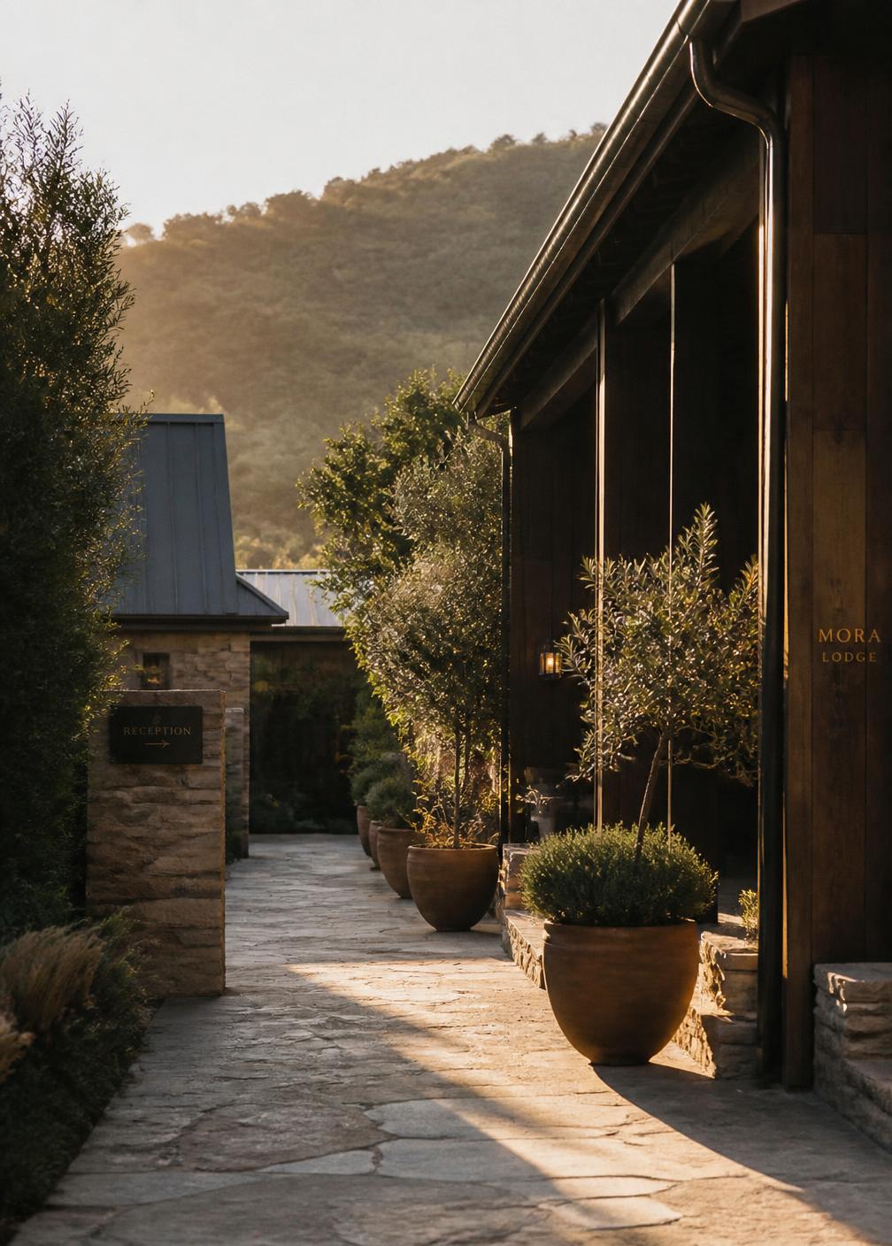 A stone walkway through the grounds at golden hour