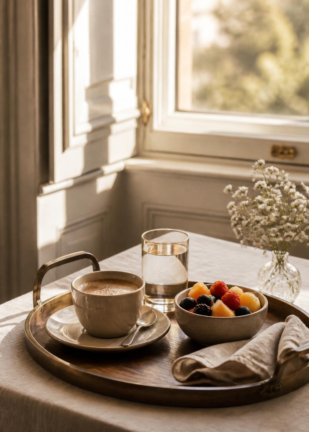 A tray of food beside a sunlit window